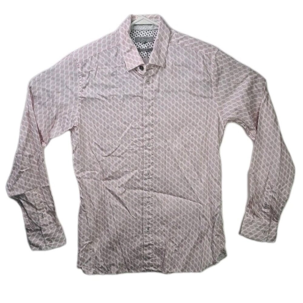 Ted Baker London Men's Long Sleeve Pink Cotton Shirt Geometric Print Size 3 M